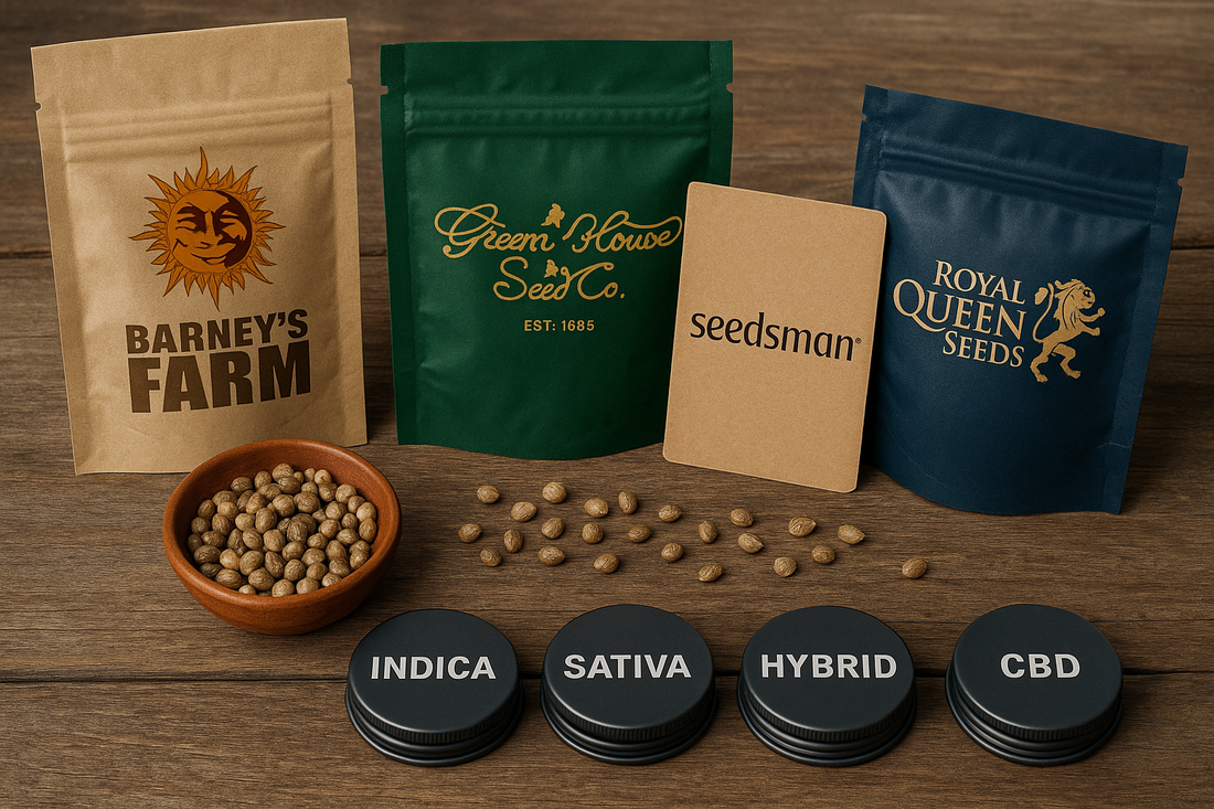 UK cannabis seed brands display with seed packaging, indica sativa hybrid and CBD labels for 2026 collector market