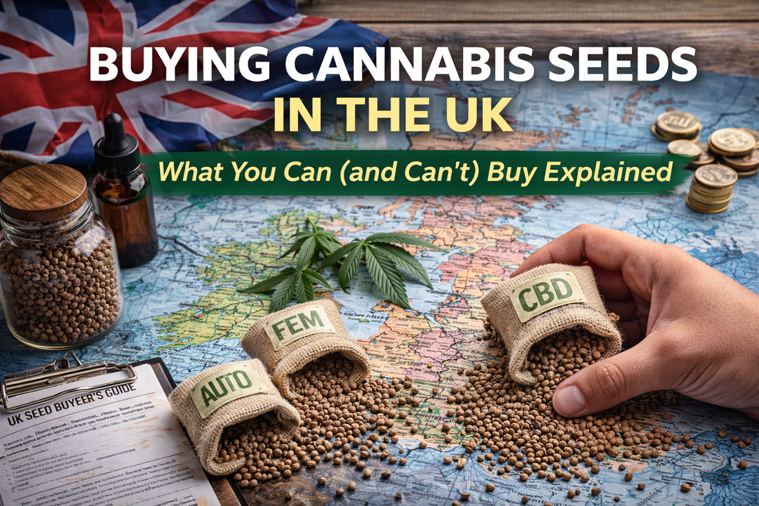 Buying cannabis seeds in the UK illustrated with a UK map, labelled feminised, autoflower and CBD seed pouches, and educational reference materials, representing legal seed purchasing context in Britain.