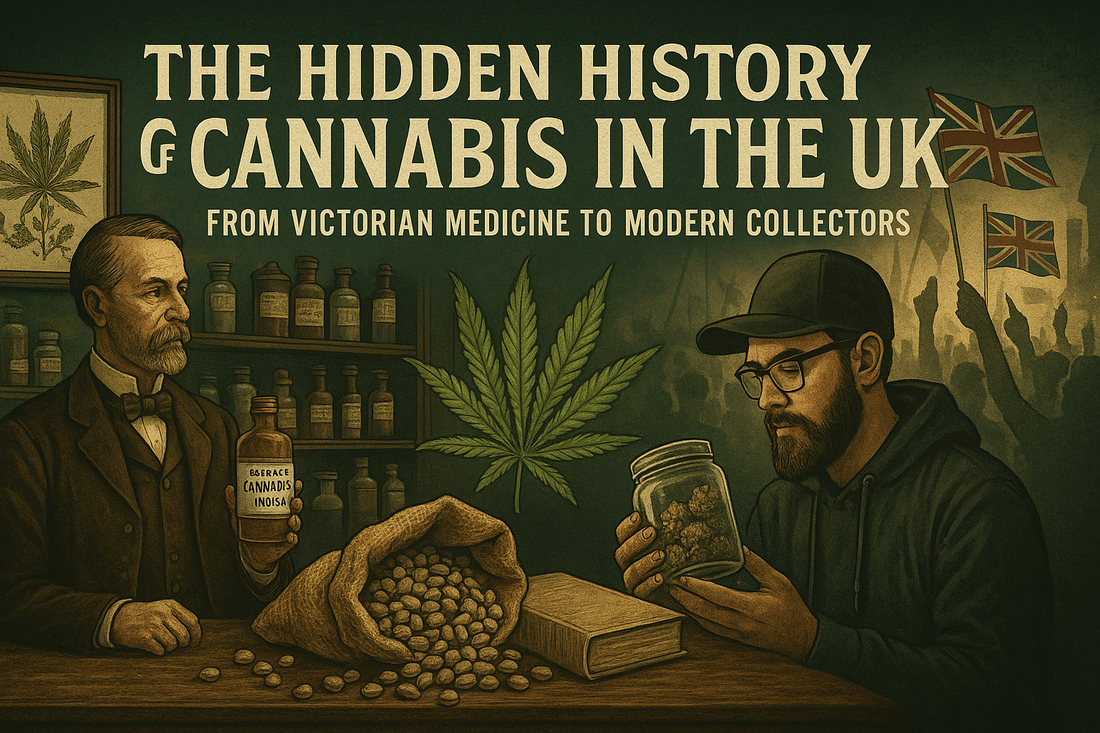 Victorian UK pharmacist and modern cannabis seed collector showing the history of cannabis in Britain from medicine to legal seed collecting.