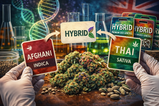 hybrid cannabis genetics image showing afghani and thai lineage merging into a hybrid label