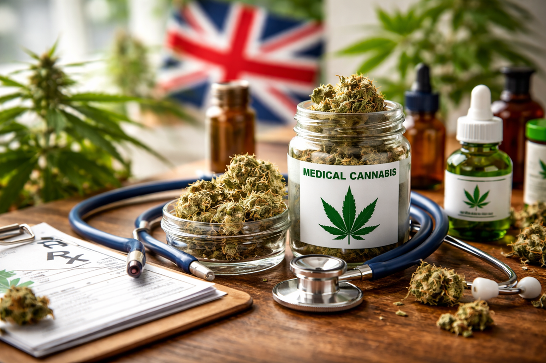 Medical cannabis in the UK – doctor-prescribed cannabis medication with official prescription paperwork, modern clinical setting, legal and educational context, high-detail landscape image