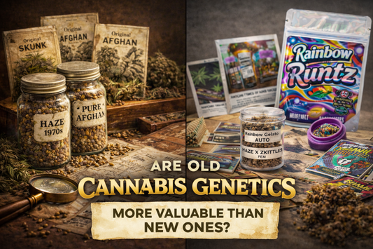 Landscape image comparing old and modern cannabis genetics, with vintage seed jars and faded packets on one side and contemporary seed containers and colourful packaging on the other, illustrating the contrast between heritage and modern cannabis genetics