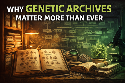 Landscape illustration of cannabis genetic archive books, lineage charts, seeds and a microscope analysing a plant, representing the preservation of cannabis genetics and documented heritage.