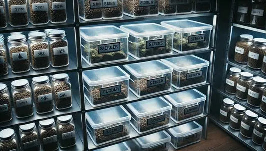 Collectible cannabis seeds neatly stored in labelled jars and containers.