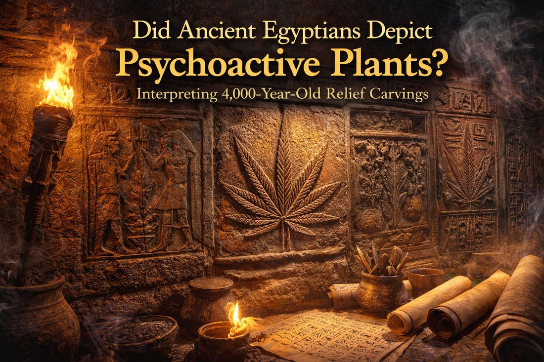 Ancient Egyptian stone relief carvings depicting symbolic plant imagery, illuminated by torchlight inside a temple setting, used to explore the historical role of plants in ritual and medicine around 4,000 years ago.