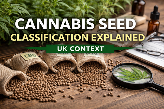 Cannabis seed classification illustration showing labelled bags of CBD, autoflower and feminised cannabis seeds on a wooden table, with magnifying glass and research notes, representing educational cannabis terminology in a UK context.