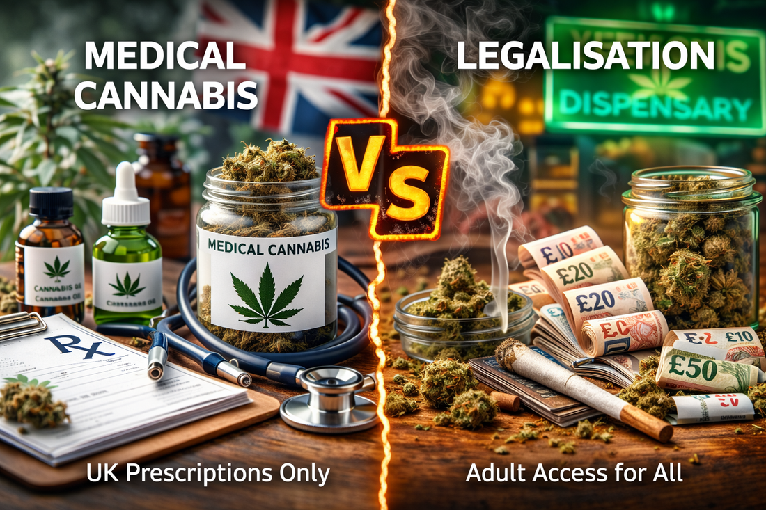 Medical cannabis in the UK compared with cannabis legalisation, split visual showing regulated prescription medication versus restricted non-medical cannabis, modern clinical UK setting, high-detail landscape image
