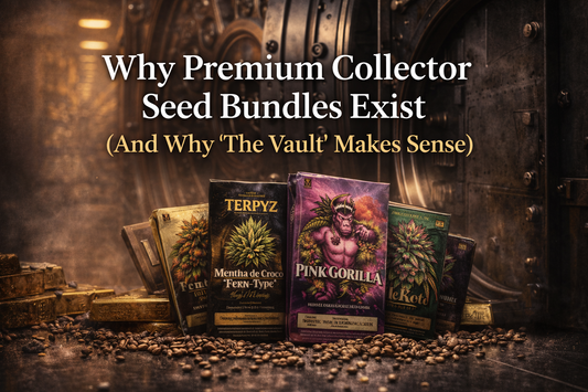 Luxury blog image showing premium cannabis seed packs displayed in front of an open bank vault door, illustrating why high-value collector seed bundles like The Vault exist