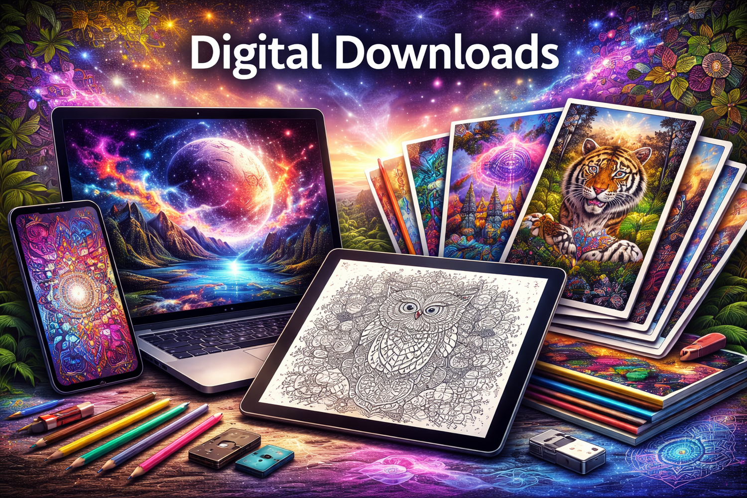 digital downloads banner with colourful cosmic laptop wallpaper mandala phone screen printable owl colouring page vibrant art prints and creative digital artwork displayed together