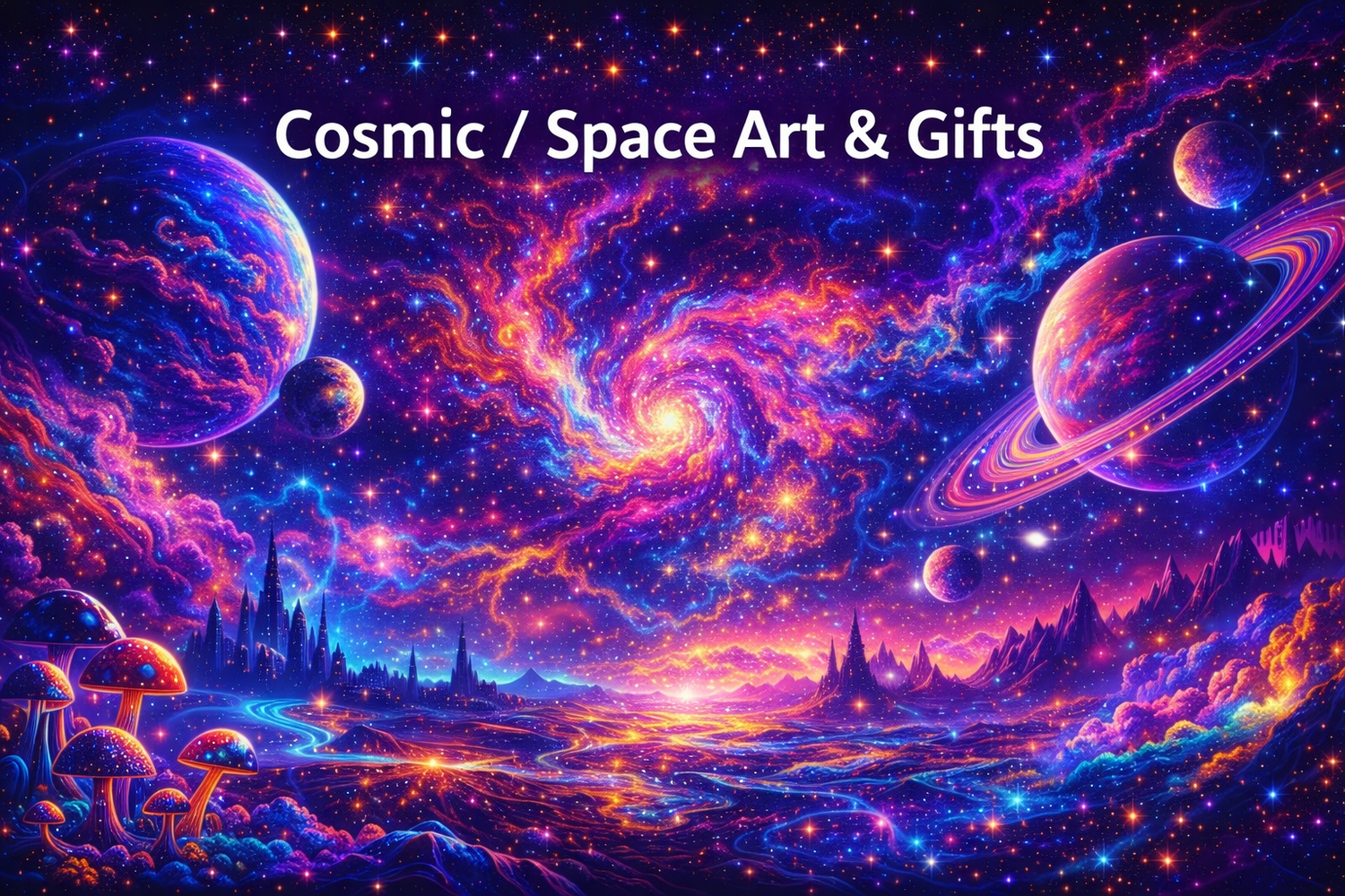 cosmic and space art banner with glowing galaxies neon nebula clouds sci fi planets futuristic landscapes stardust swirls and vibrant celestial lighting
