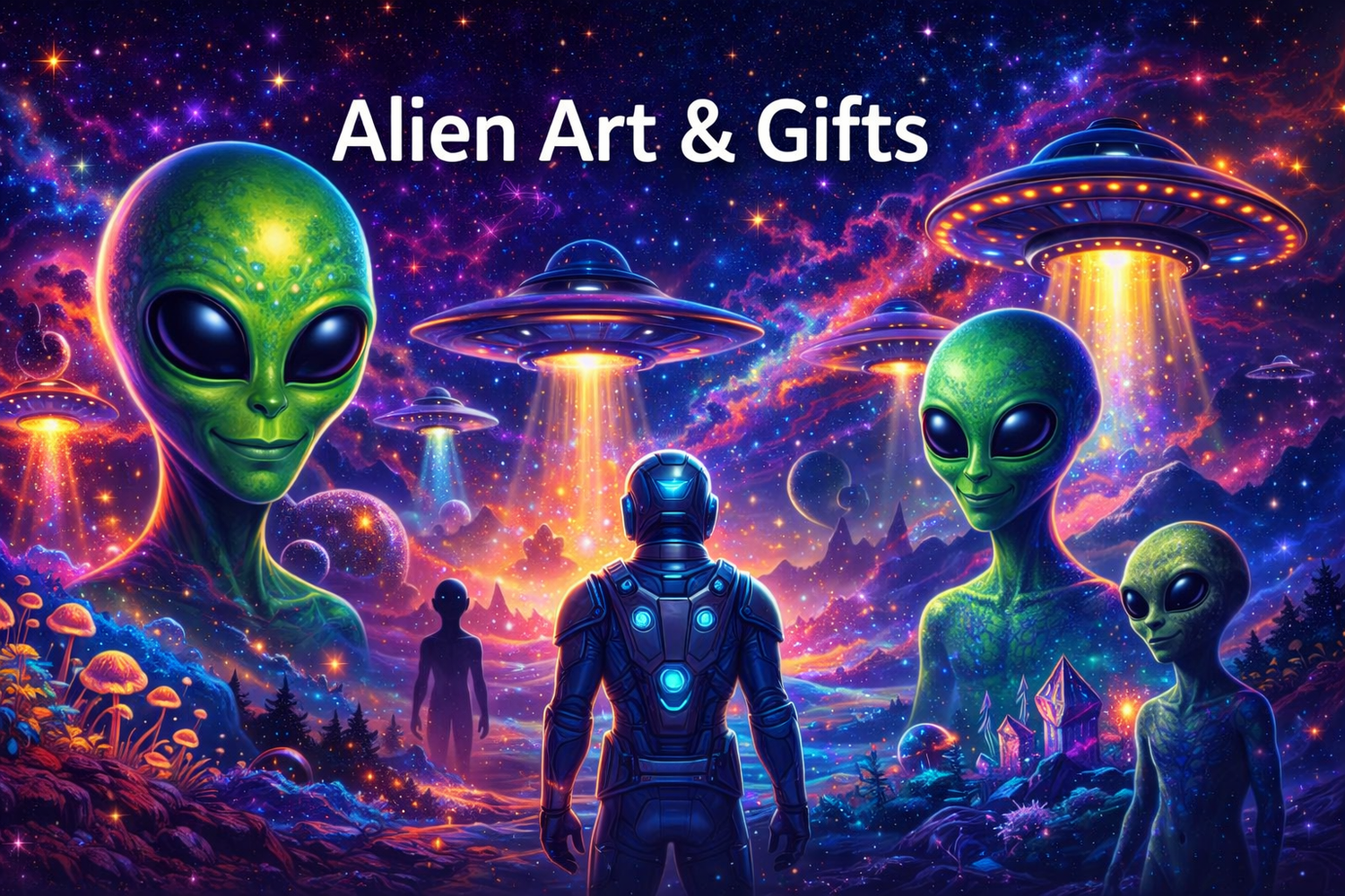 alien art and gifts banner showing green extraterrestrials glowing ufos cosmic landscape neon colours and a futuristic explorer standing in a vibrant space scene