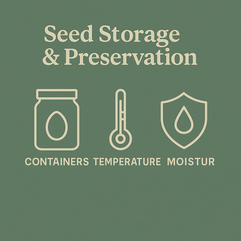 Educational graphic titled “Seed Storage & Preservation” showing icons for storage containers, temperature control and moisture protection, illustrating responsible cannabis seed preservation concepts for UK collectors.