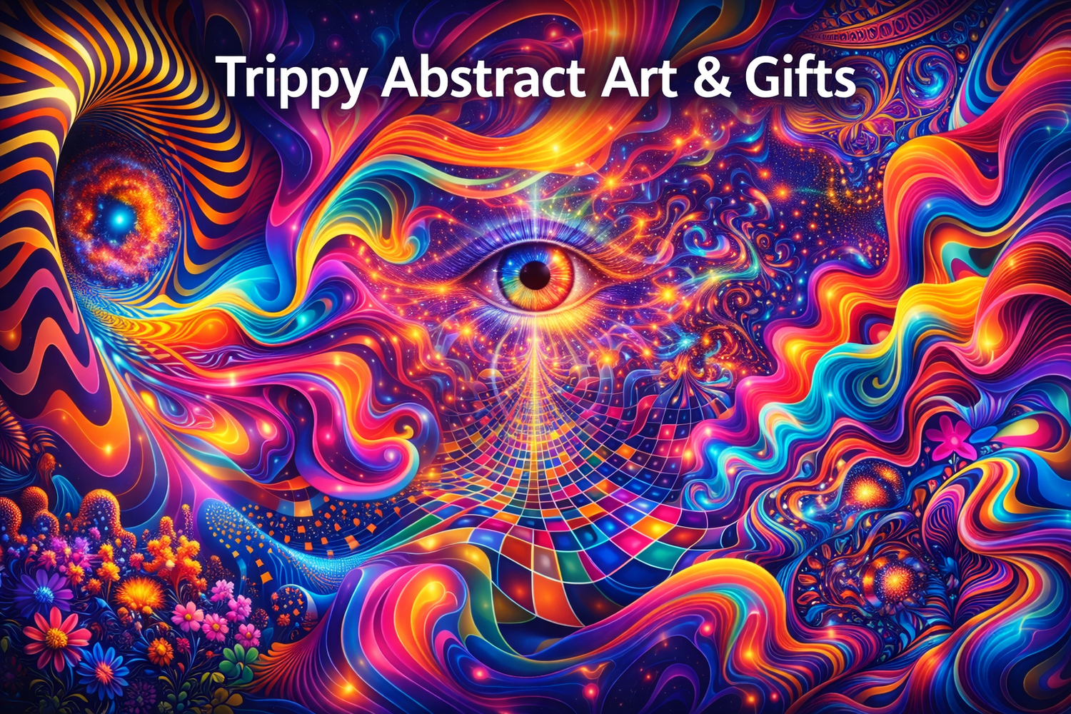 trippy abstract art banner with neon colours swirling patterns warped shapes psychedelic gradients and vibrant surreal abstract visuals
