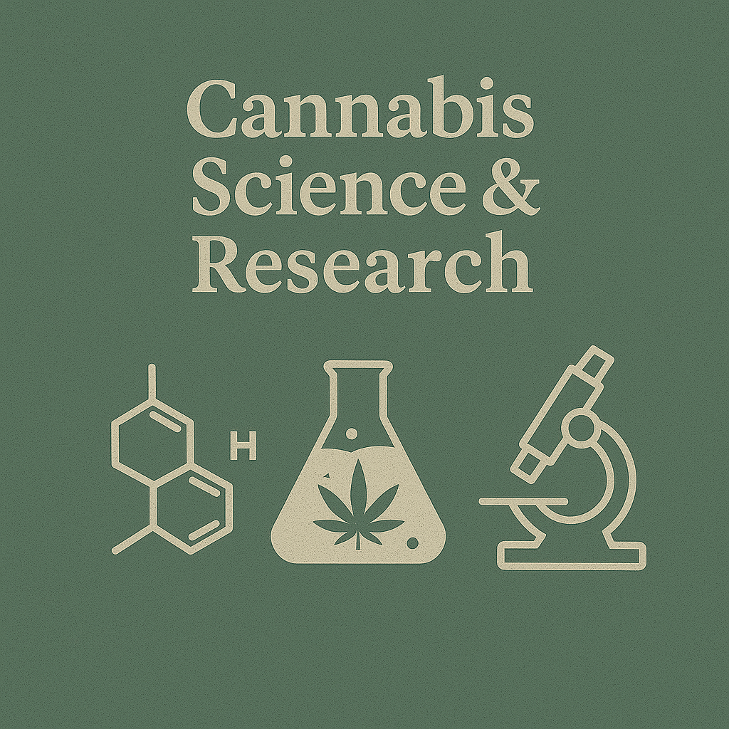 Cannabis Science and Research educational graphic featuring laboratory icons, chemical structures and a microscope, representing scientific study and evidence-based cannabis research.