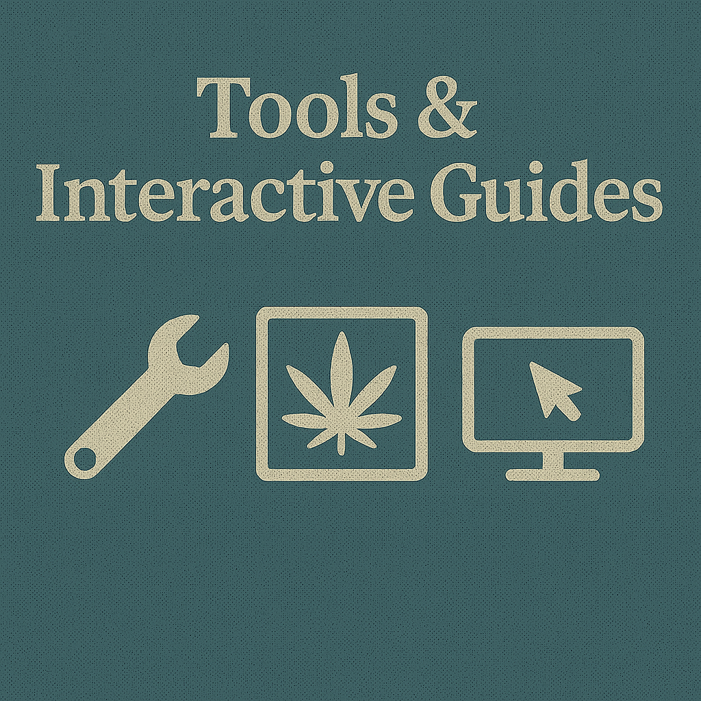lustrated banner for Tools & Interactive Guides showing a teal background with the title text and simple icons representing digital tools, calculators, and interactive educational resources for cannabis seed education.