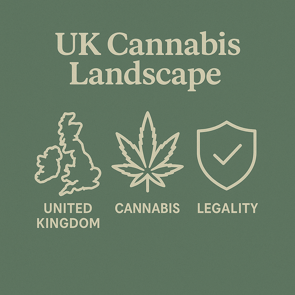 UK Cannabis Landscape educational graphic illustrating UK law, regulation and cultural context around cannabis, designed for responsible education and compliance-focused understanding.