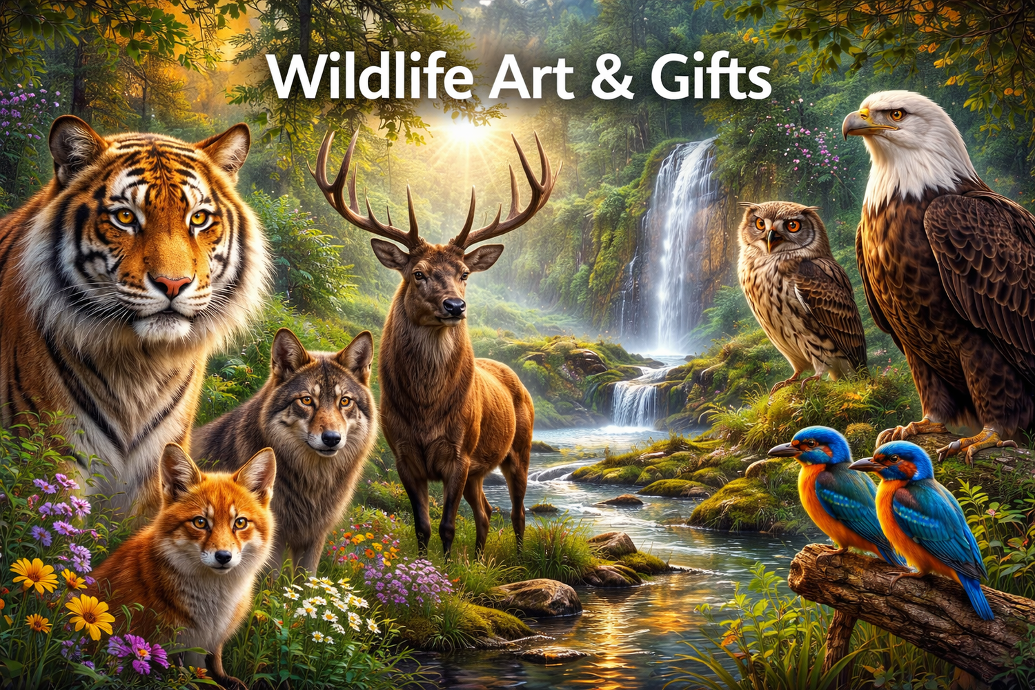 wildlife art banner with lions tigers wolves birds forests mountains and detailed animal illustrations in a natural vibrant landscape