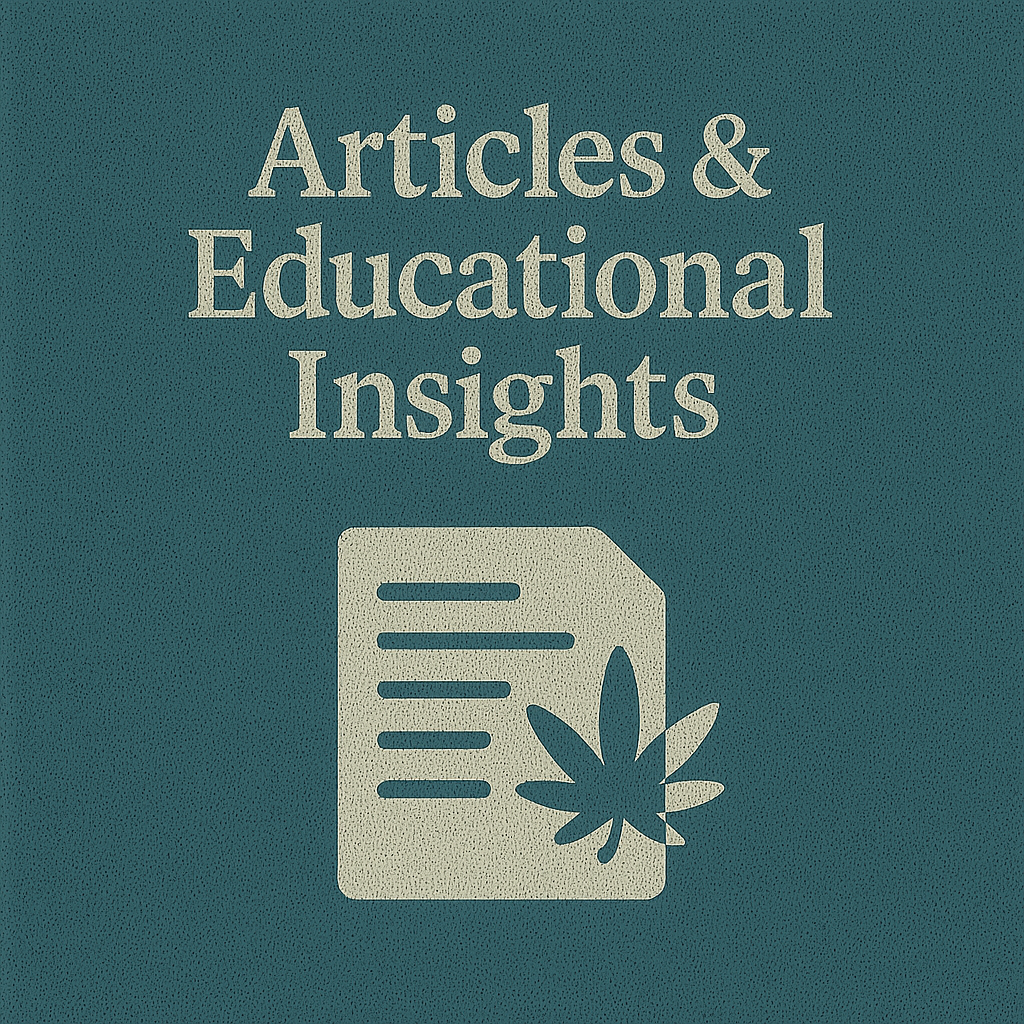 Educational Articles and Insights collection image featuring stylised document icon and cannabis leaf, representing UK-focused cannabis education, research articles, and learning resources.