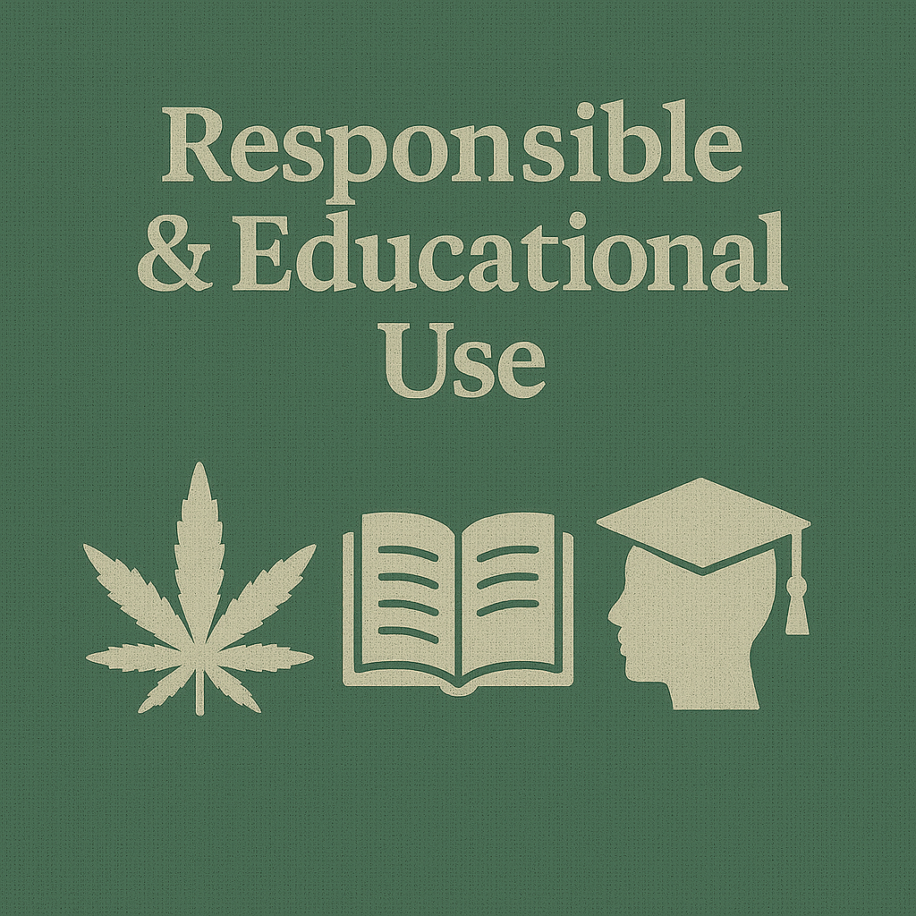 Responsible and Educational Use graphic highlighting lawful, educational cannabis information with book and graduation icons, designed for UK compliance-focused learning.