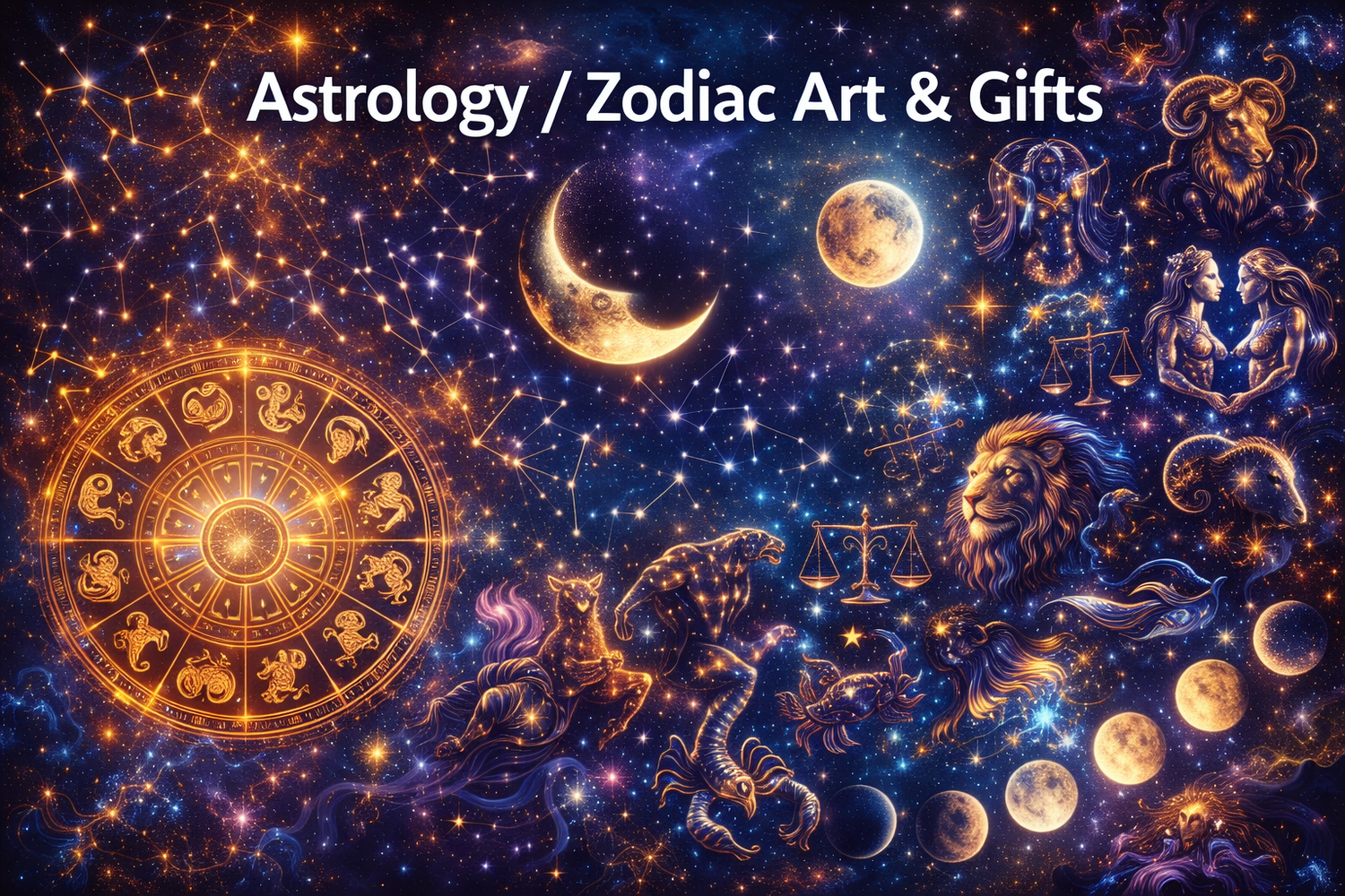 astrology and zodiac art banner with glowing constellations golden zodiac wheel moon phases celestial symbols and detailed star themed illustrations