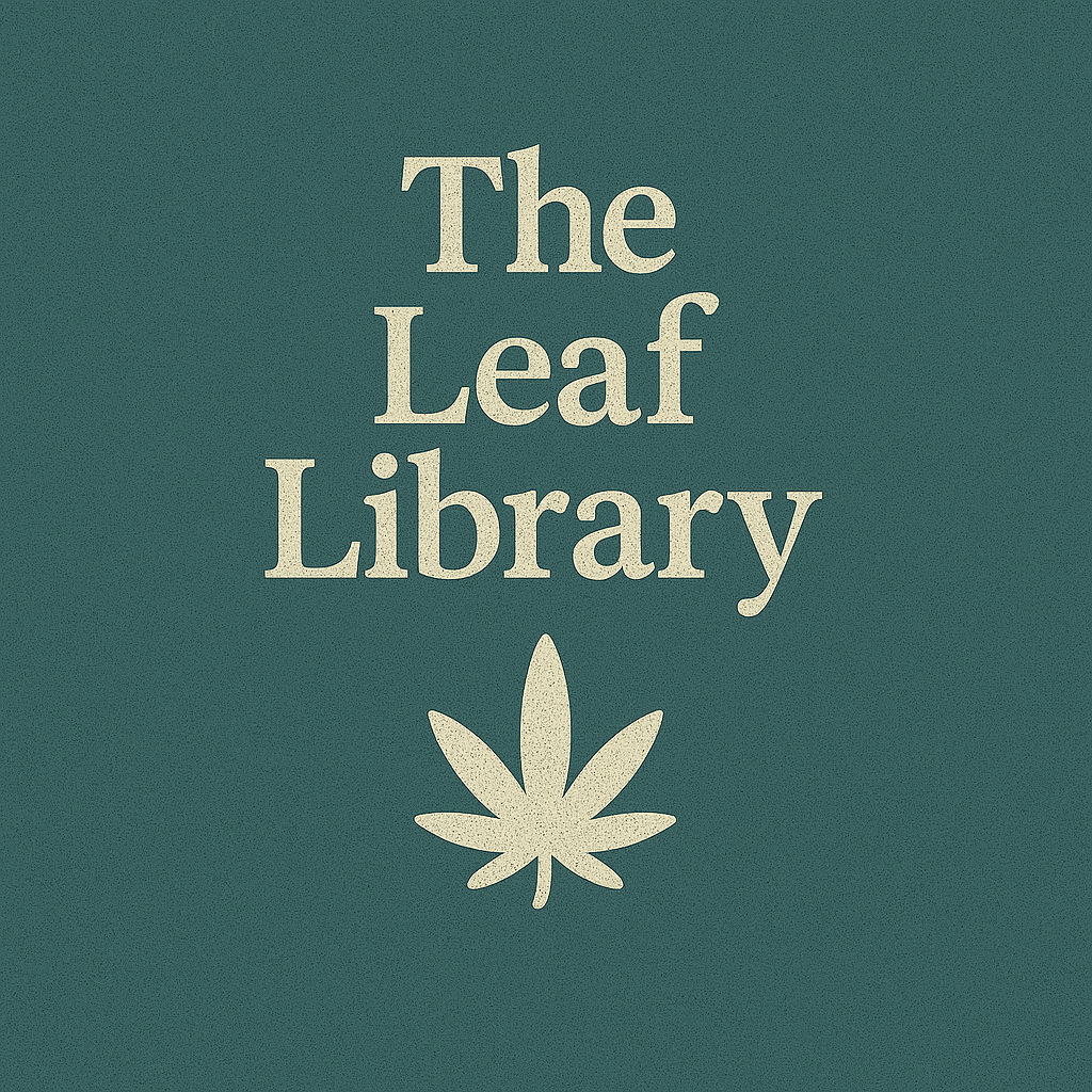The Leaf Library collection banner featuring a minimalist book-style design with a stylised cannabis leaf, representing a UK-focused educational library for cannabis genetics, law, science, and culture.