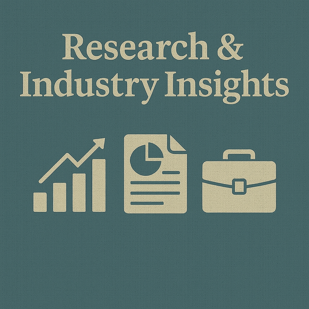 Research and Industry Insights educational graphic illustrating cannabis research, regulation and industry trends through data charts and analysis icons.