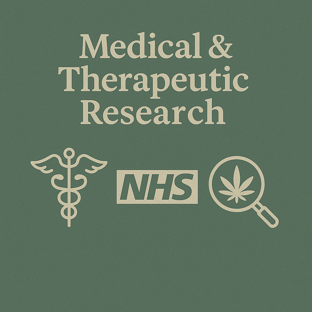 Medical and Therapeutic Research educational graphic featuring NHS iconography, scientific research symbols and cannabis leaf illustration, representing UK medical cannabis research and evidence-based study.