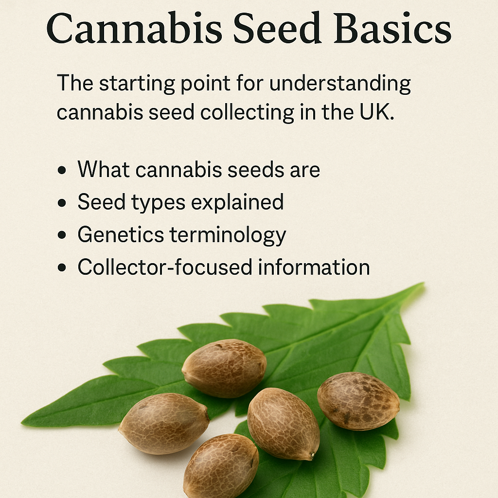 Educational cannabis seed basics image showing collectible cannabis seeds on a leaf, representing seed types, genetics and UK cannabis seed education.