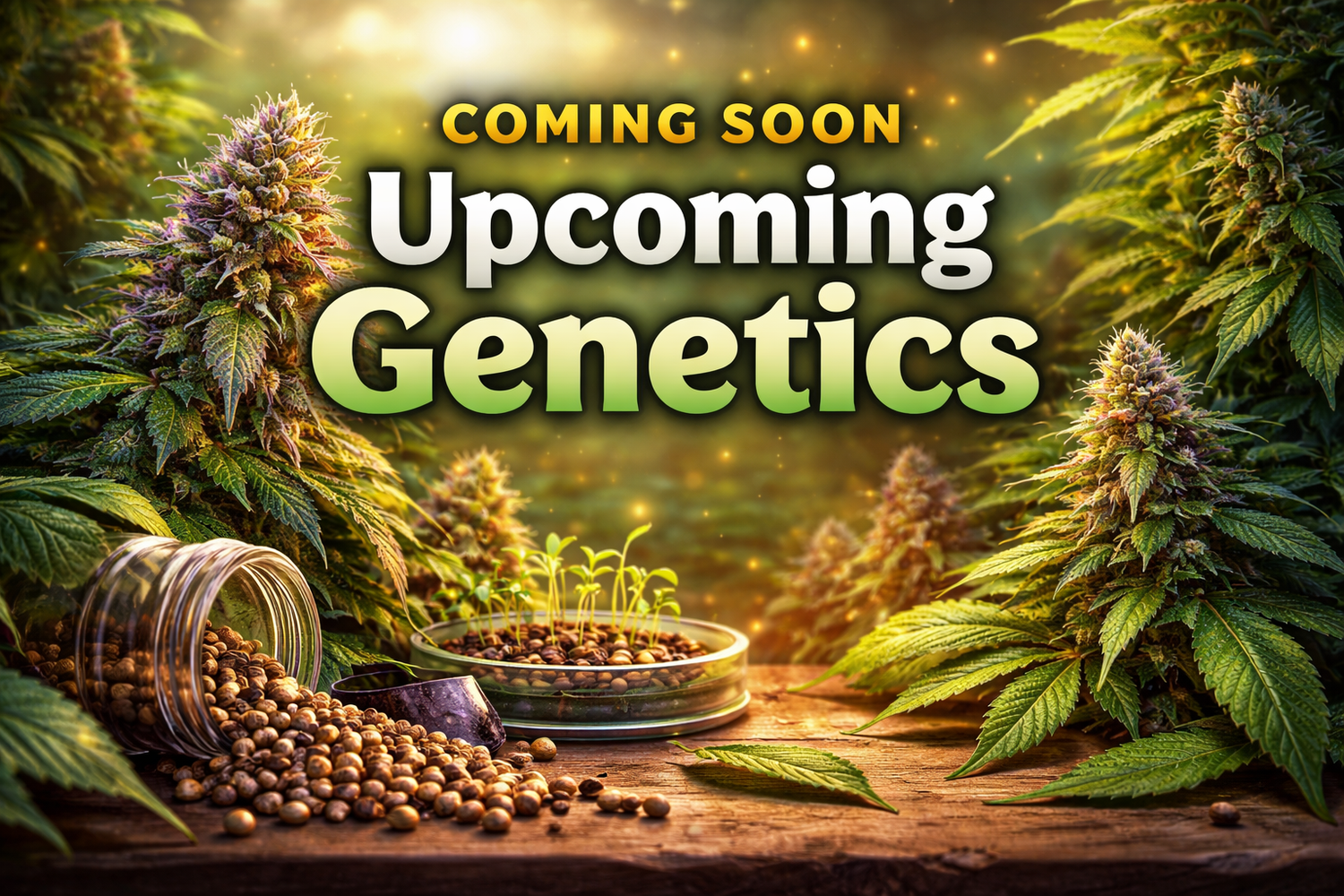 High-definition cannabis seed and plant display with ‘Upcoming Genetics’ text, showing mature buds, scattered seeds and a preview-style layout for the Upcoming Genetics collection at Laughing Leaf Seeds (UK)