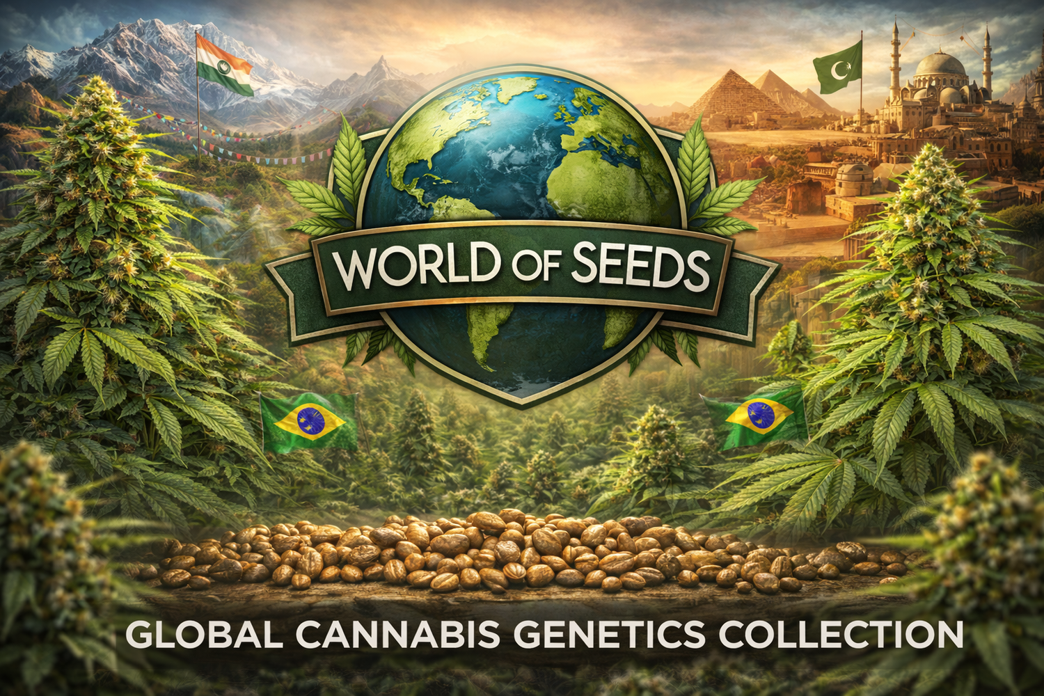 World of Seeds collection banner featuring a global-themed emblem with world map elements, surrounded by cannabis plants and jars of souvenir seeds, promoting international genetic collectibles.