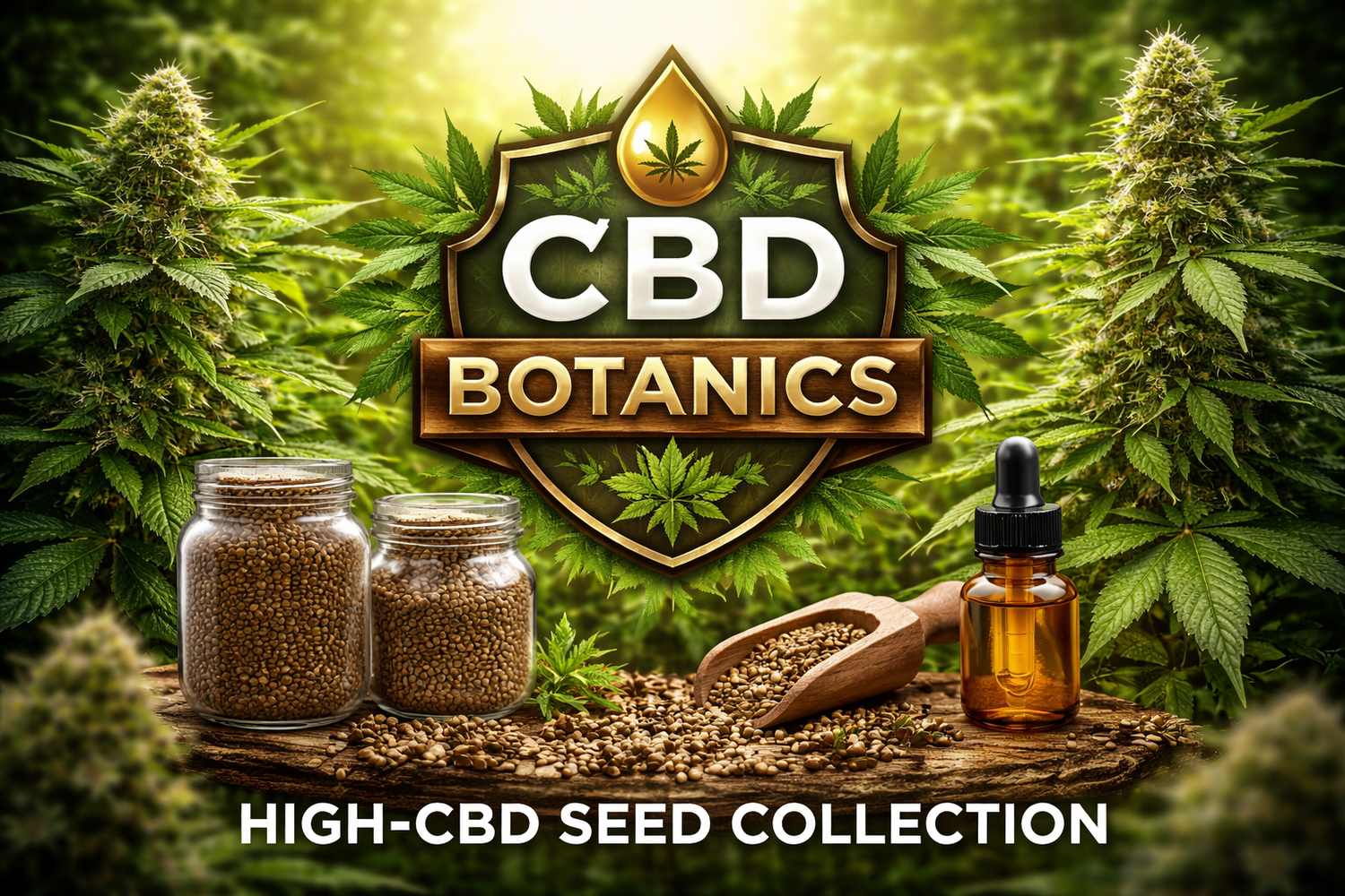 CBD Botanics collection banner showing a CBD-themed emblem surrounded by cannabis leaves, with jars of souvenir seeds and a dropper bottle displayed in front, promoting high-CBD genetic collectibles.