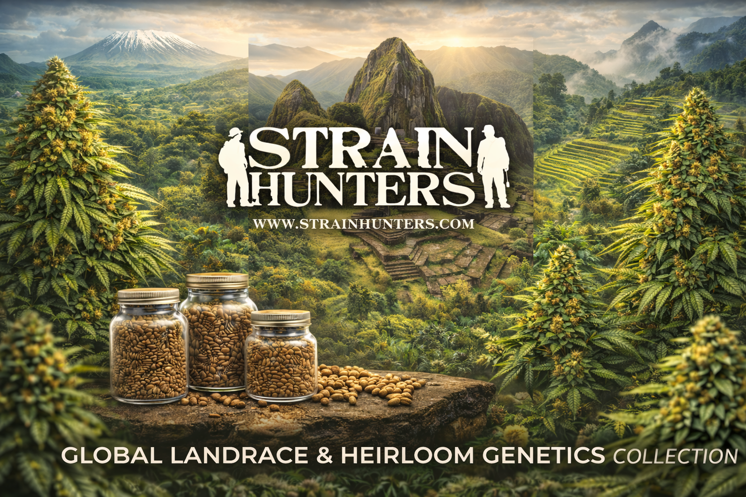 Strain Hunters collection banner featuring a global exploration–themed emblem with world map elements, surrounded by landrace-style cannabis plants and souvenir seed jars, promoting heritage and international genetic collectibles.