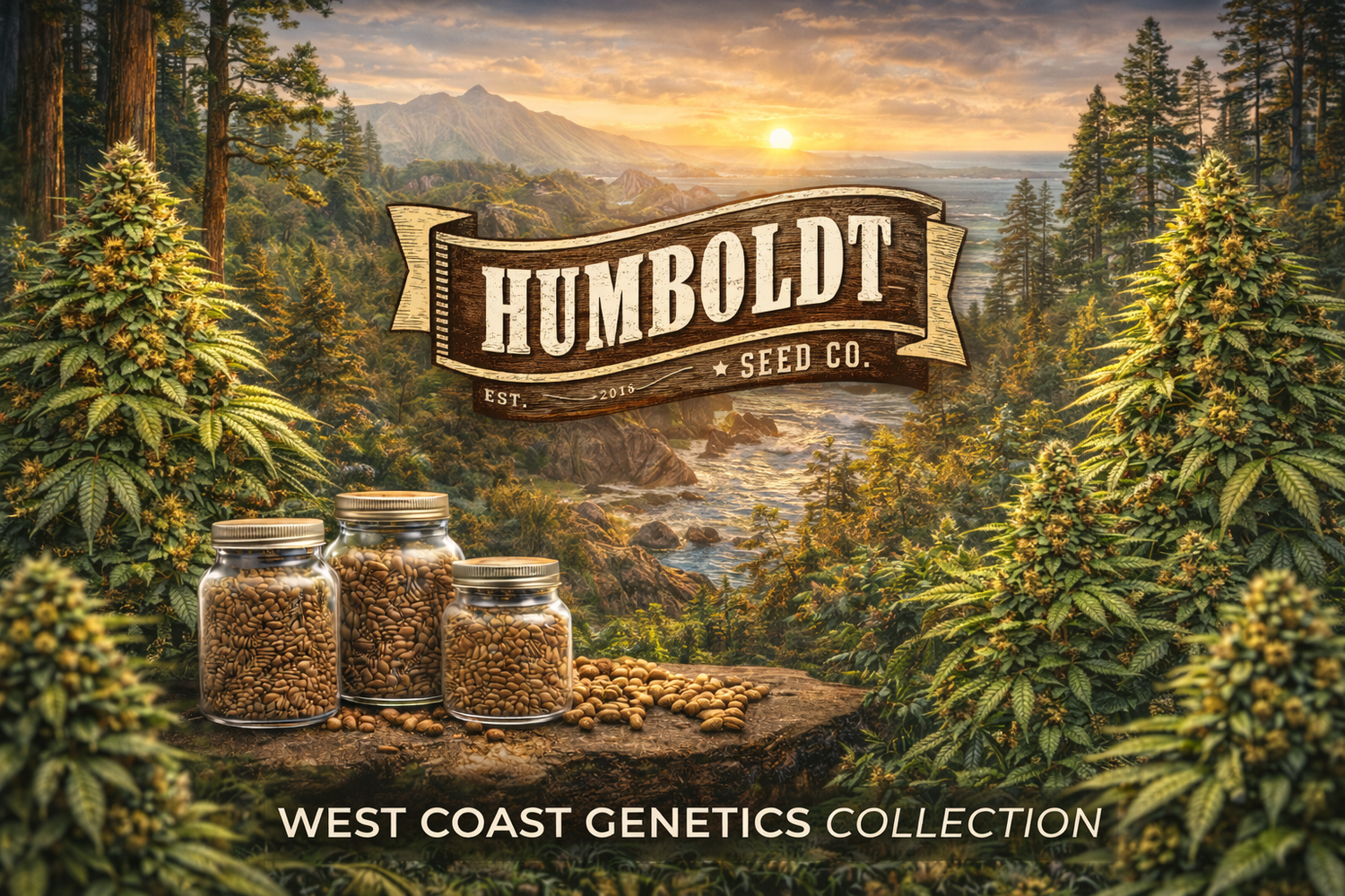 Humboldt Seed Co. collection banner featuring a rustic wooden logo set against a Californian forest and coastline landscape, surrounded by cannabis plants and jars of souvenir seeds, promoting West Coast genetic collectibles.