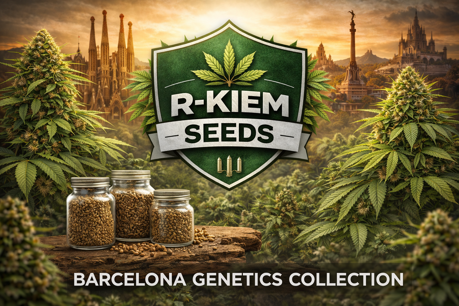 R-Kiem Seeds collection banner featuring a bold shield emblem with the R-Kiem logo, cannabis plants framing the scene, and green atmospheric lighting promoting Barcelona-bred genetic collectibles.
