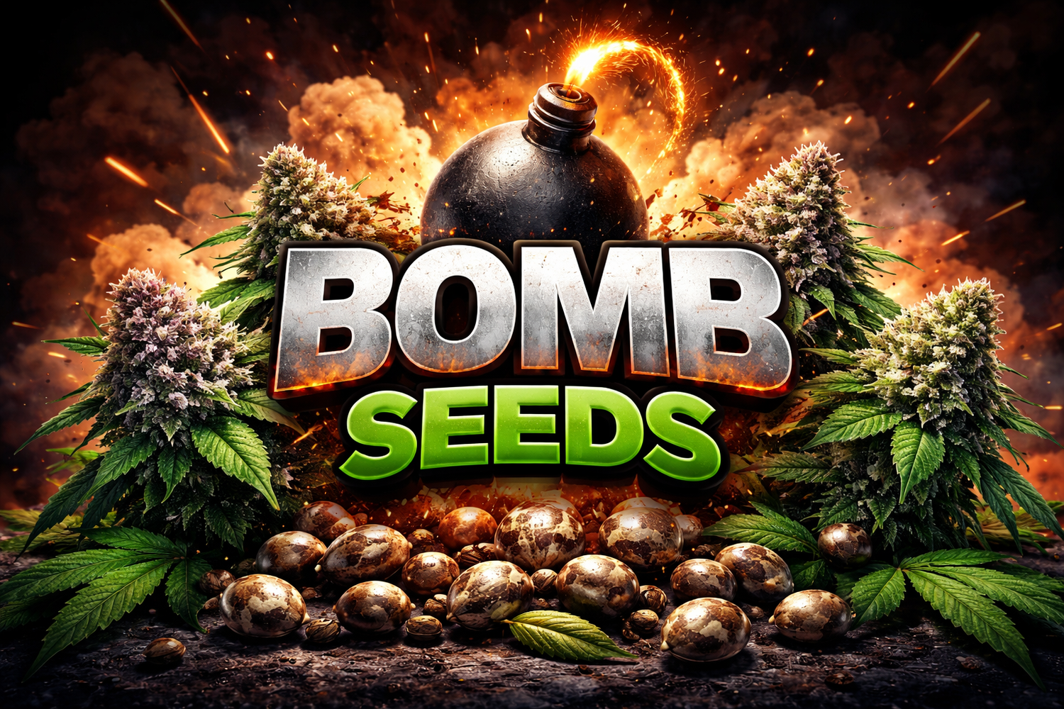 Bomb Seeds brand image featuring explosive-themed graphics, cannabis seed collectibles, and bold metallic Bomb Seeds logo.