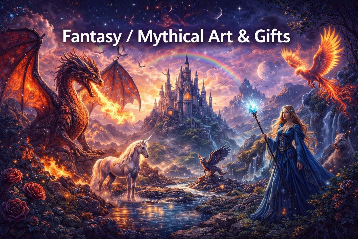 fantasy and mythical art banner with dragons enchanted forests magical castles glowing creatures and vibrant mystical landscapes