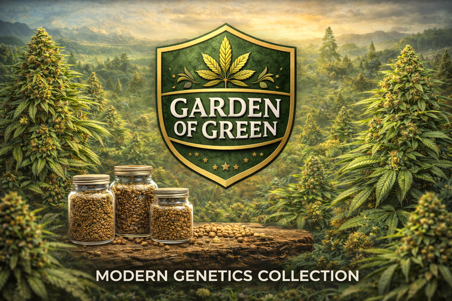 Garden of Green collection banner featuring a green and gold shield logo surrounded by lush cannabis plants and jars of souvenir seeds, promoting modern genetic collectibles.