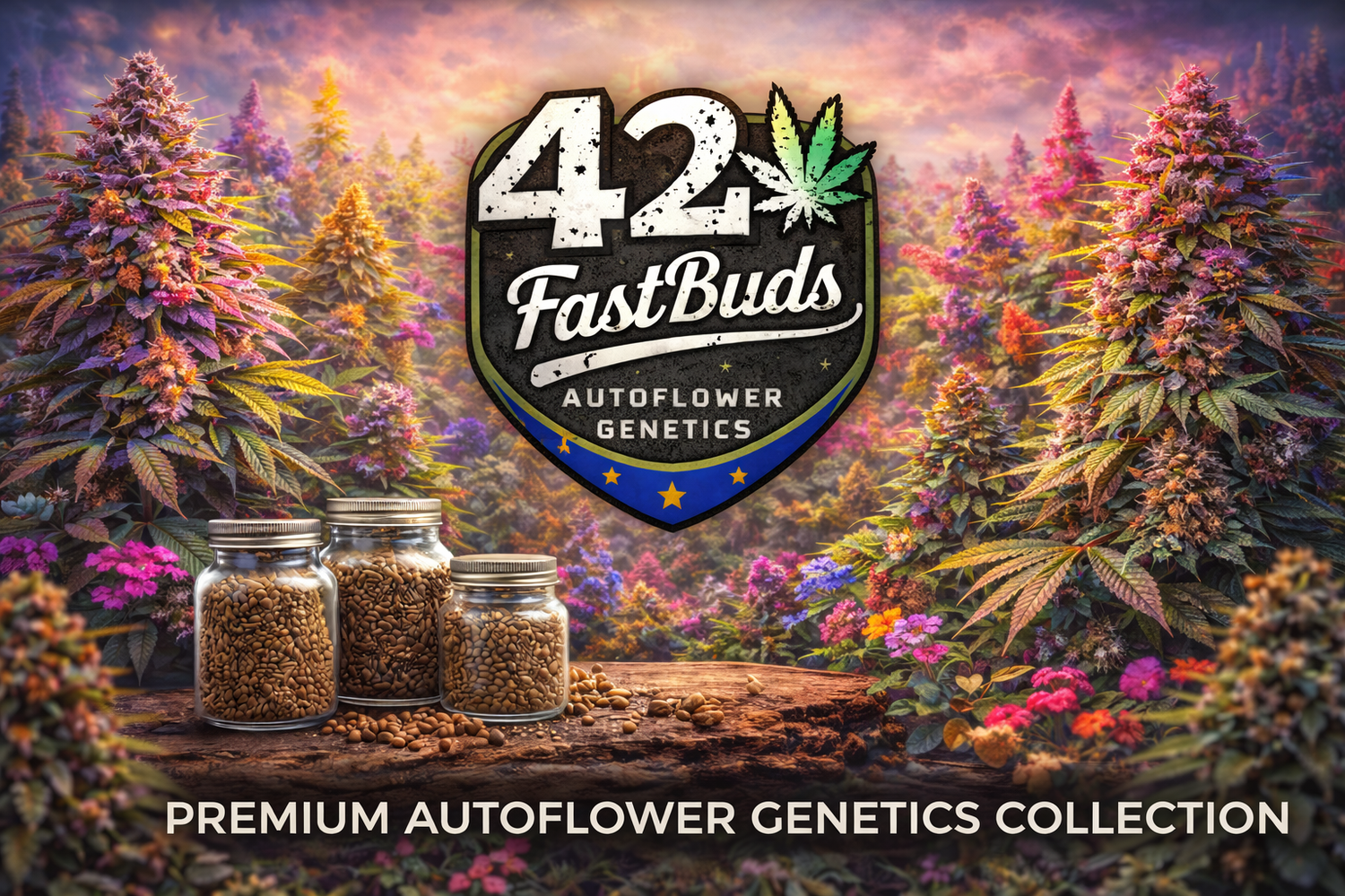 Fast Buds collection banner featuring the 420 Fast Buds logo surrounded by colourful autoflower cannabis plants and jars of souvenir seeds, promoting premium autoflower genetic collectibles.