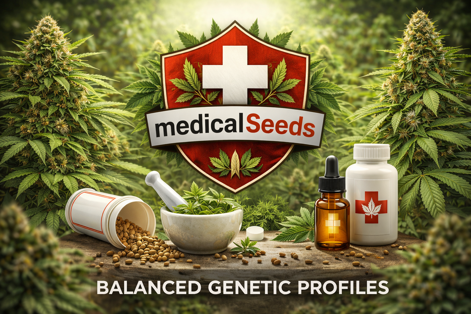 Medical Seeds collection banner featuring a medical-style emblem with a green cross, cannabis plants in the background, and clean visual cues representing balanced genetic collectibles.