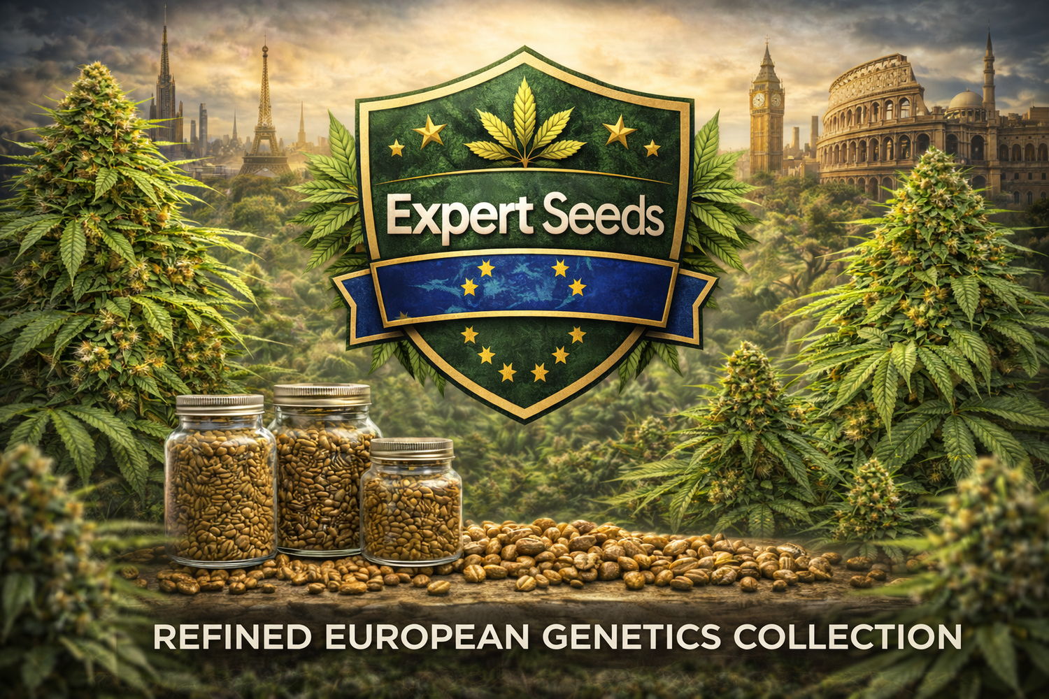 Expert Seeds collection banner featuring a gold-trimmed European-style emblem with stars and a cannabis leaf, surrounded by cannabis plants and jars of souvenir seeds, promoting refined European genetic collectibles.