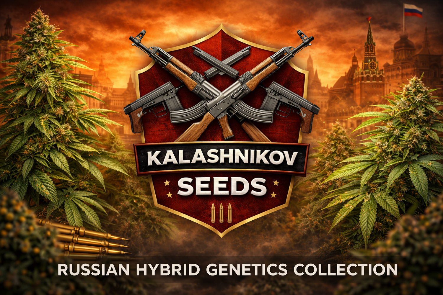 Kalashnikov Seeds collection banner featuring a bold red emblem with crossed rifles, Russian architectural background, and cannabis plants framing the scene, promoting the Russian Hybrid Genetics Collection.