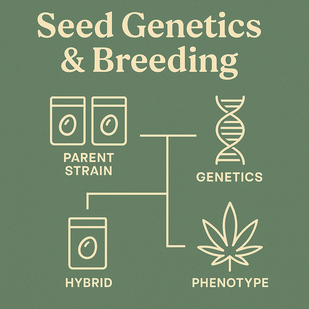 Seed genetics and breeding infographic explaining cannabis lineage, parent strains, hybrids and phenotypes for educational reference