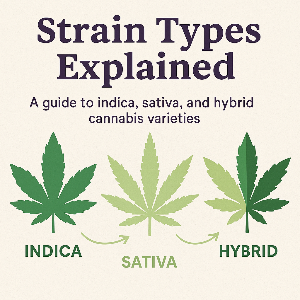 Strain types explained infographic showing indica, sativa and hybrid cannabis classifications for educational reference