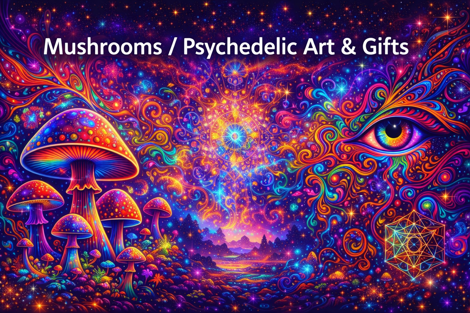 mushrooms and psychedelic art banner with neon glowing mushroom forests swirling colourful abstract patterns vibrant trippy shapes cosmic lights and surreal fantasy elements