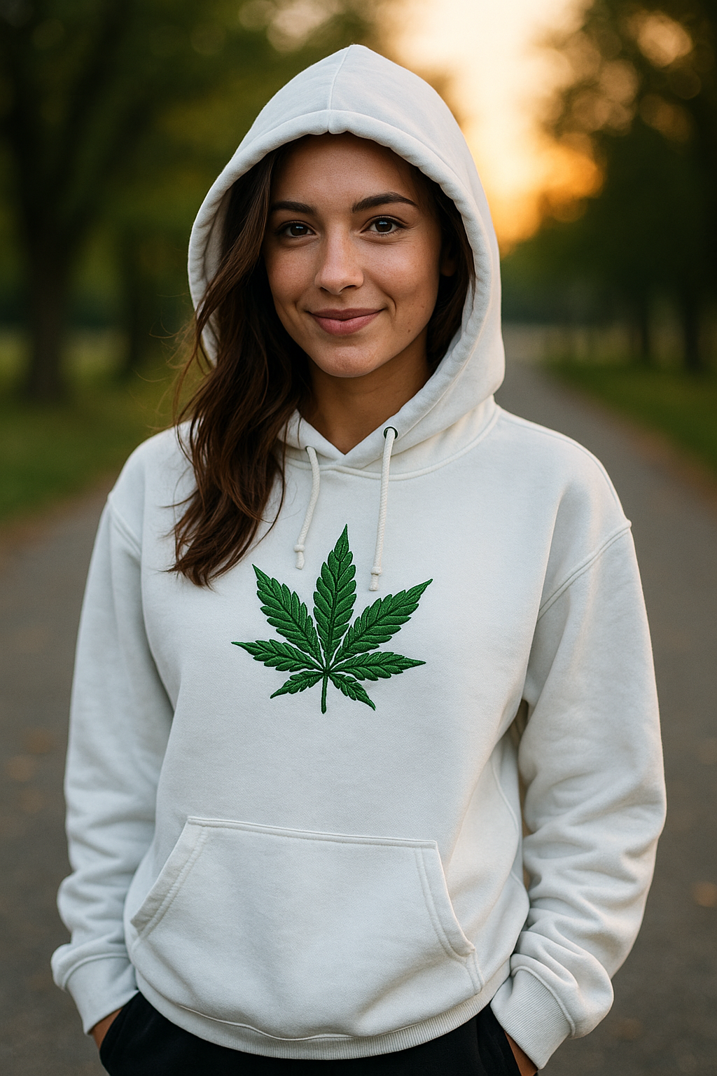 White hoodie with embroidered green leaf design, casual streetwear style for everyday wear in the UK