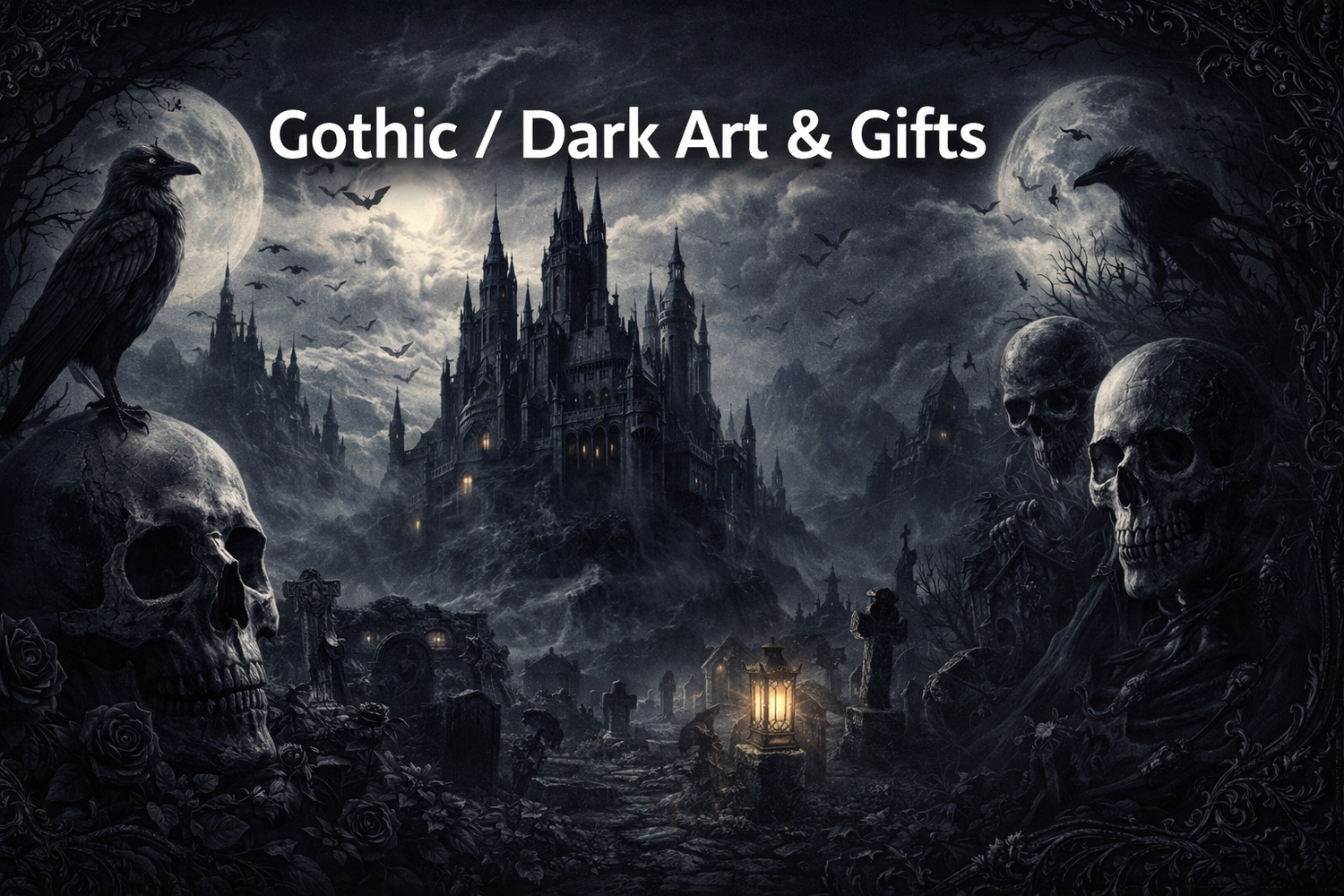 gothic and dark art banner with shadowy castles ravens skull motifs moonlit landscapes dramatic lighting gothic patterns and dark fantasy atmosphere