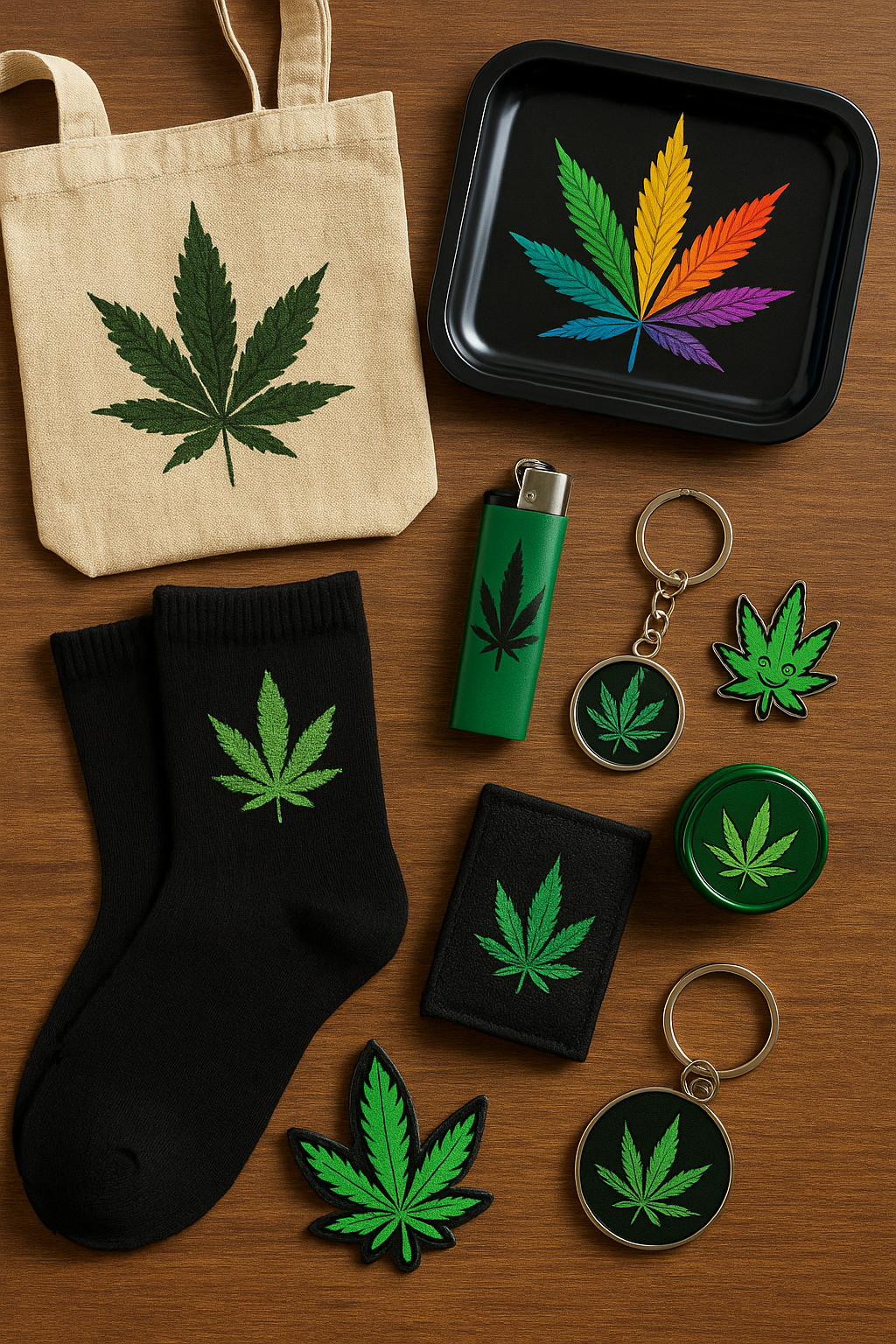 Leaf-inspired cannabis accessories collection including storage pouches, jars, rolling trays and lifestyle items on a neutral background