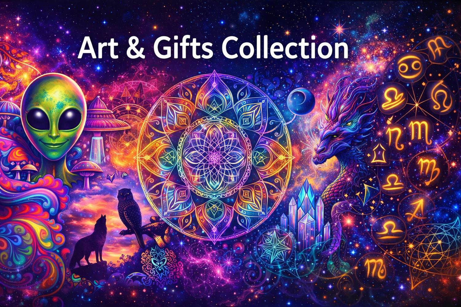 art and gifts collection banner featuring cosmic colours alien shapes psychedelic patterns mandala geometry fantasy wildlife silhouettes and zodiac symbols blended into a vibrant artistic collage