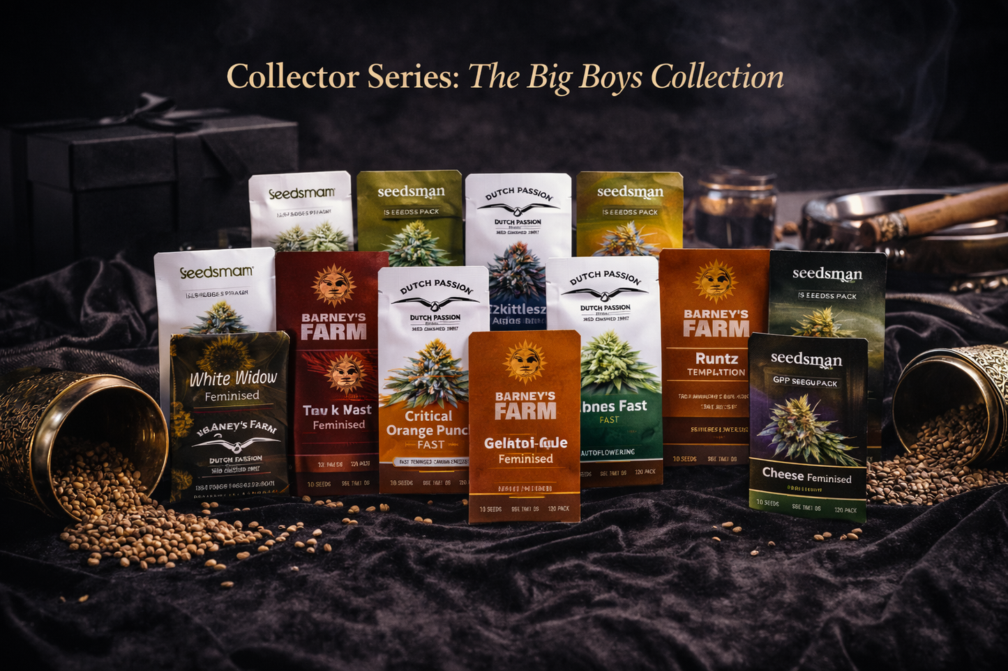 Collector Series The Big Boys Collection featuring fifteen cannabis seed strains from multiple breeders arranged in a luxury studio display with premium collector packaging