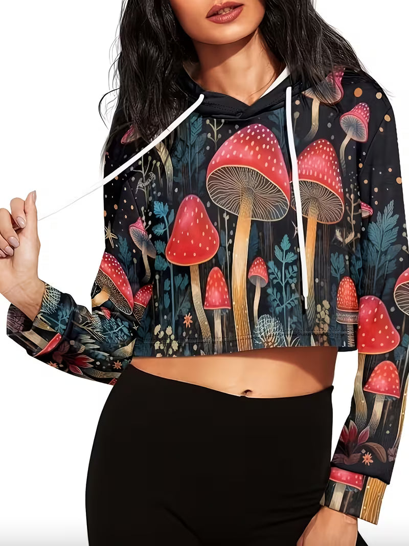 pic 1 Psychedelic mushroom cropped hoodie with red toadstool forest festival design
